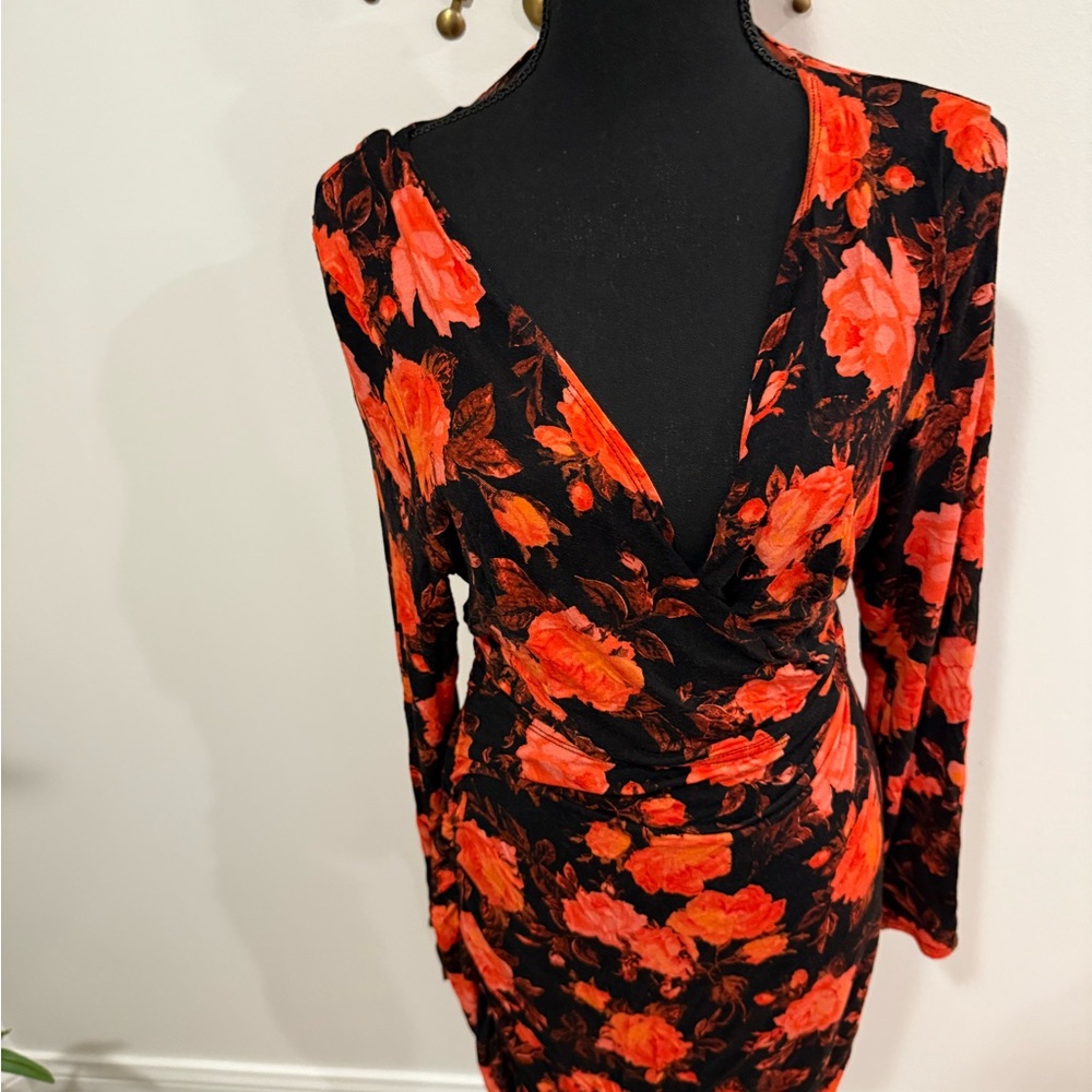 ASOS Curve Black and Red Floral Long Sleeve Dress